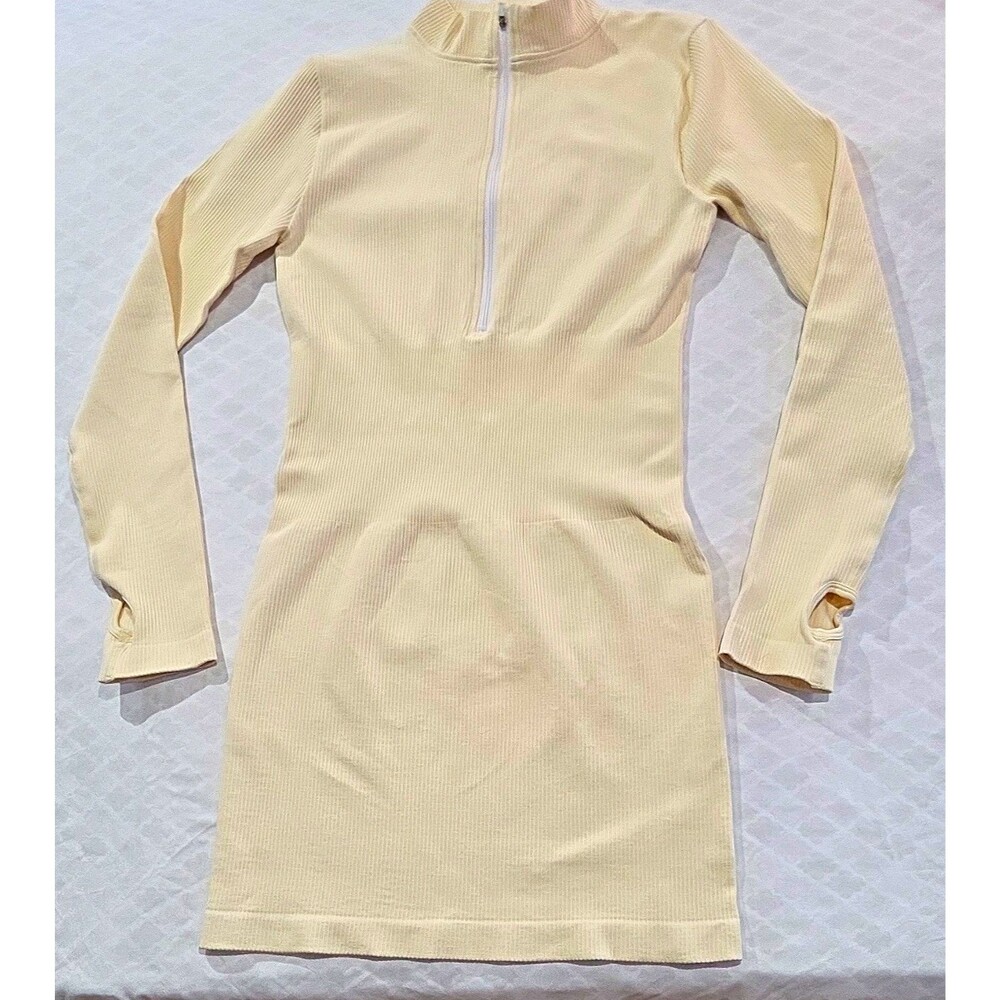 GOQQ Cream Ribbed Long Sleeve Bodycon Mini Dress Size Large (1/4 Zip Mock Neck)